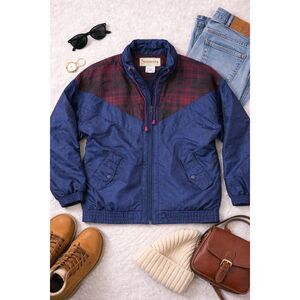 Sunterra Women’s Windbreaker Jacket Blue Plaid Zip Up size Large Petite (42)